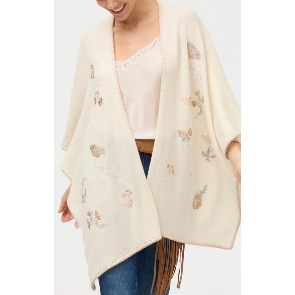 NWT Johnny Was The Whipstitch Wrap Cashmere/Wool Cream Floral Embroidered Sz OS